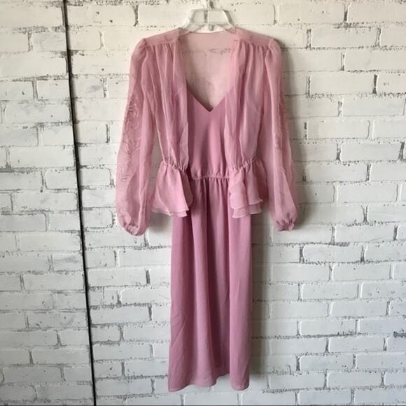 Norman Berg 2 piece 70 Vintage  Slip Dress Retro 1970s Mini Pink Rose Jacket Set - Picture 1 of 9